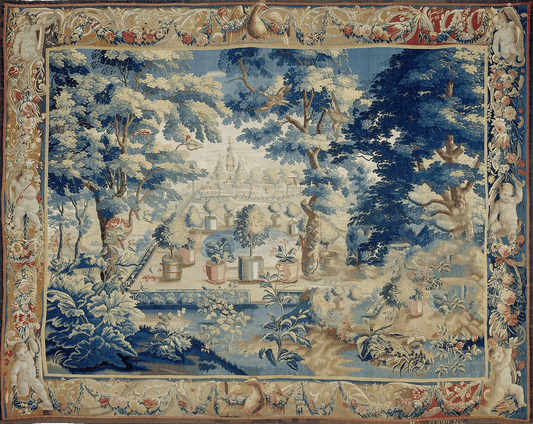 Luxurious Renaissance Garden Tapestry: Exquisite Classical Landscape with Cherub Motifs and Noble Estate – Perfect for Elevating Home Décor with Timeless Elegance RE215887