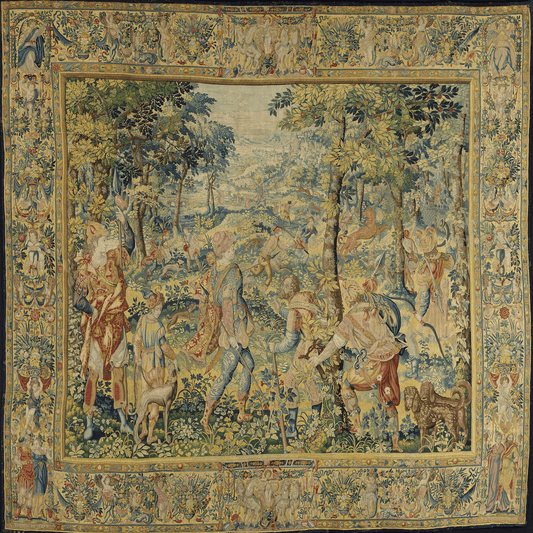 Majestic 17th Century Hunting Scene Tapestry – A Verdant Forest Hunt with Noble Figures and Intricate Embellishments RE220800