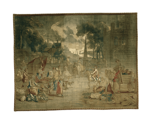 17th-Century Pastoral Marketplace Tapestry: A Charming Village Scene with Elegant Detailing and Timeless Nostalgia RE222380