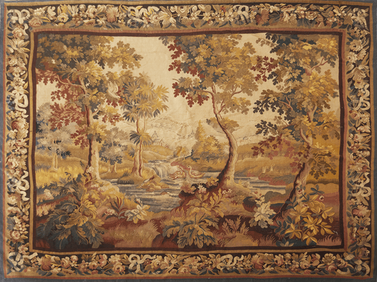 Exquisite Woodland Scene Tapestry: A Timeless Landscape of Autumnal Beauty with Ornate Floral Border – Perfect for Bringing Tranquility and Natural Elegance to Your Home RE223180