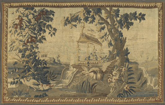 The Aviary of Delight: Verdure Tapestry with Exotic Birds | French 18th-Century Landscape Decor | Luxurious Aubusson Style Wall Hanging | Antique Nature Design Reproduction RE267450