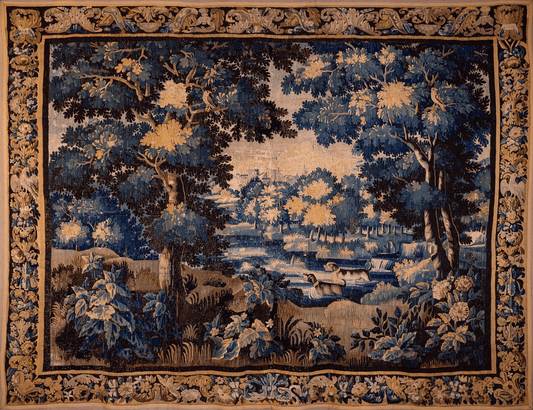 Embrace the Elegance of a 17th Century Verdure Tapestry Reproduction: Woodland Scene with Majestic Ducks and Classical Border RE272201