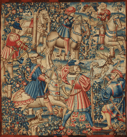 Medieval Hunting Scene Tapestry Reproduction – A Lively Depiction of Noble Pursuit and Aristocratic Splendor RE283075