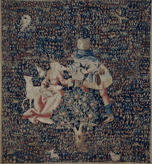 Millefleurs Enchantment: Mythical Figures in a Romantic Garden – A Tapestry of Medieval Fantasy and Floral Beauty RE288022