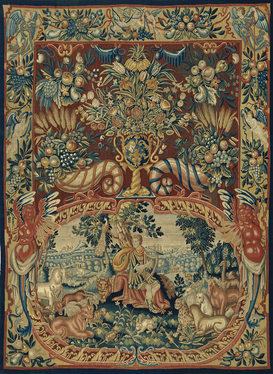 Orpheus and the Animals: 17th Century Flemish Mythological Tapestry with Intricate Floral and Fauna Border RE300814