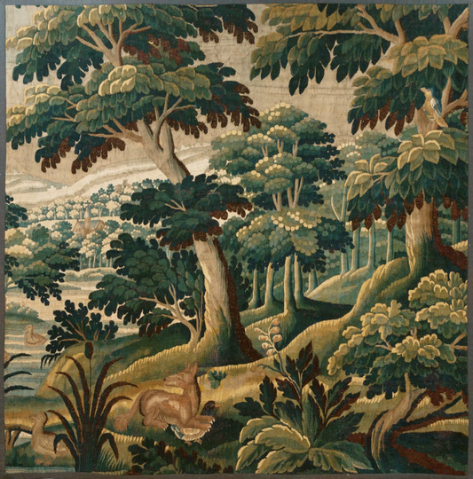 Do come in to an 18th Century Woodland: A Verdant Aubusson Tapestry with Fox and Birds RE311426