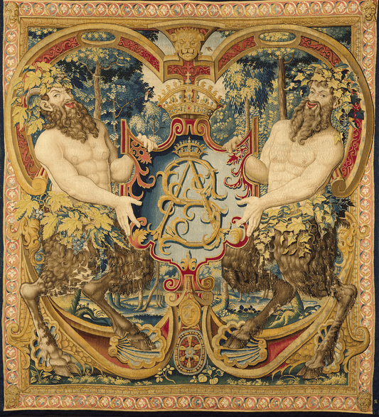 The Emblem of Virtue: Renaissance Heraldic Tapestry | Regal Wall Hanging with Mythical Figures | Luxurious 16th-Century Flemish Style | Antique Crest Design Decor RE344888