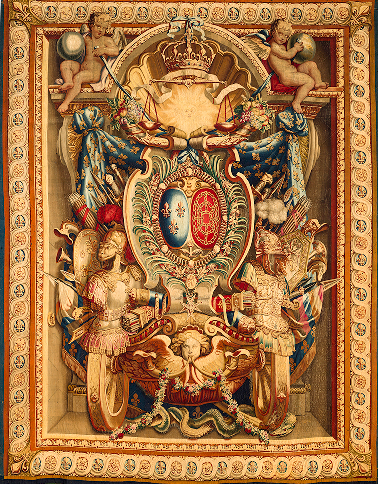 The Royal Herald: Baroque French Coat of Arms Tapestry | Grand Gobelins-Style Wall Hanging | Symbolic Regal Decor | Luxurious 17th-Century Reproduction RE360335