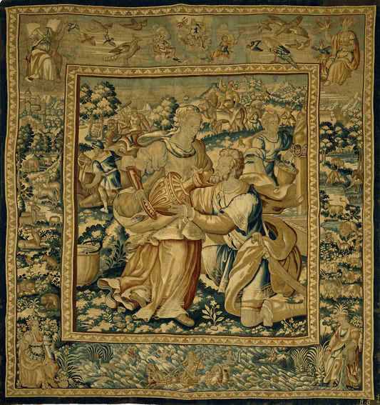 17th Century Biblical Scene Tapestry Reproduction: A Richly Detailed Depiction of a Sacred Exchange, Pastoral Figures, and Heavenly Visions in a Verdant Landscape RE363700