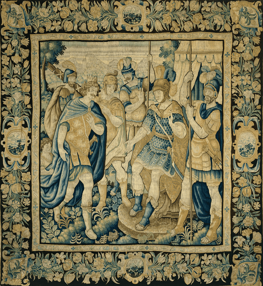 Roman Commanders in Conference: 17th Century Flemish Tapestry with Intricate Floral BorderRE391881