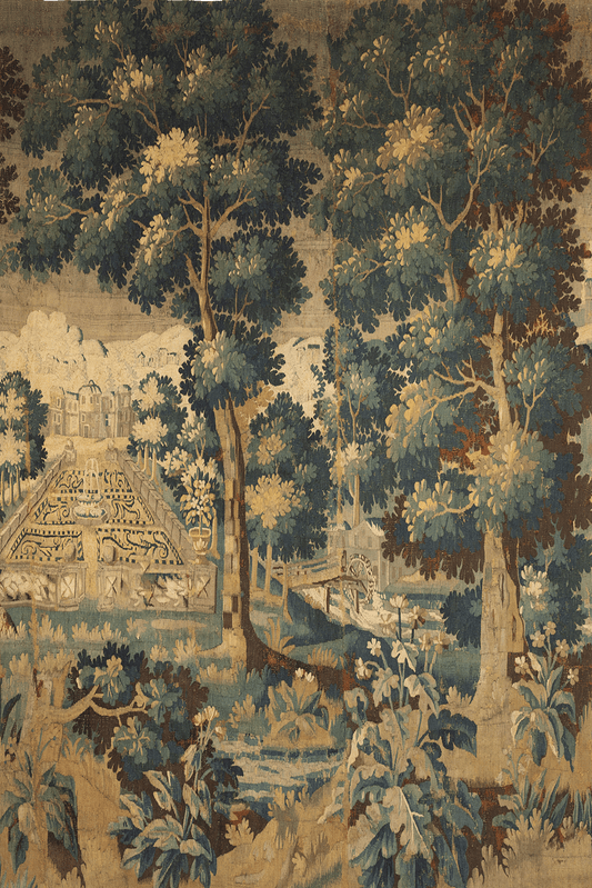 17th Century French Garden and Woodland Tapestry: Formal Parterres, Watermill, and Towering Trees in a Majestic Verdure Landscape Reproduction RE450864