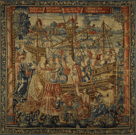 The Noble Armada: Voyage of Triumph Medieval Tapestry Wall Hanging | Nautical Renaissance Reproduction | Grand 16th-Century Decor Masterpiece | Premium Flemish Weave RE467697