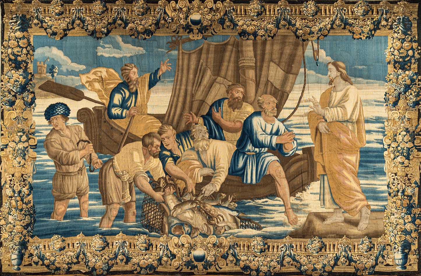 The Miraculous Catch: Baroque Flemish Biblical Tapestry | Grand Wall Art with Religious Scene | 17th-Century Inspired Decor | Lavish Historical Reproduction RE473176