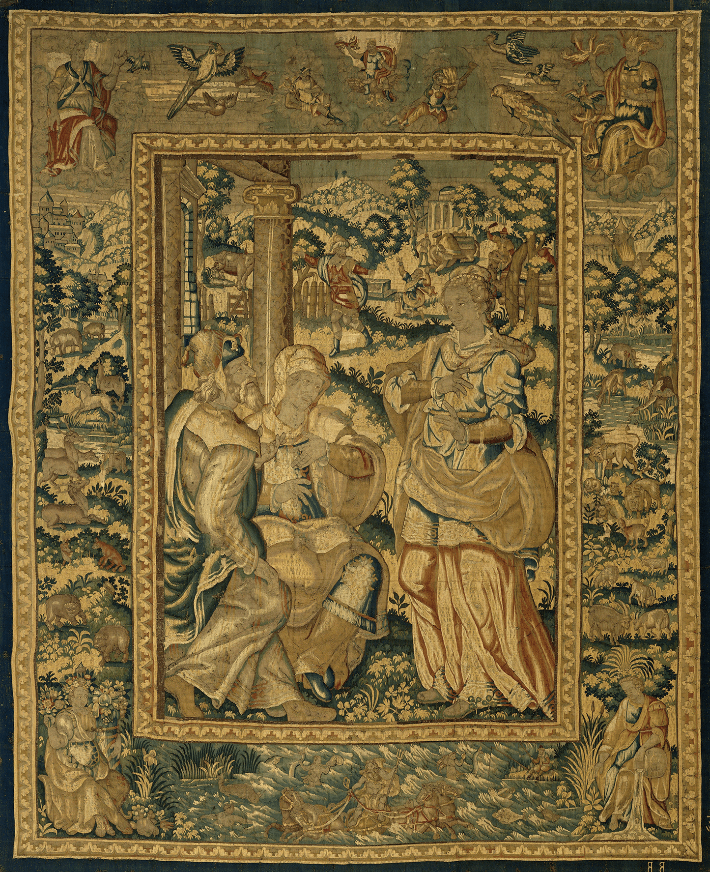 17th Century Flemish Tapestry Depicting Pastoral and Noble Life: Verdure Scene with Courtly Figures and Countryside RE481250