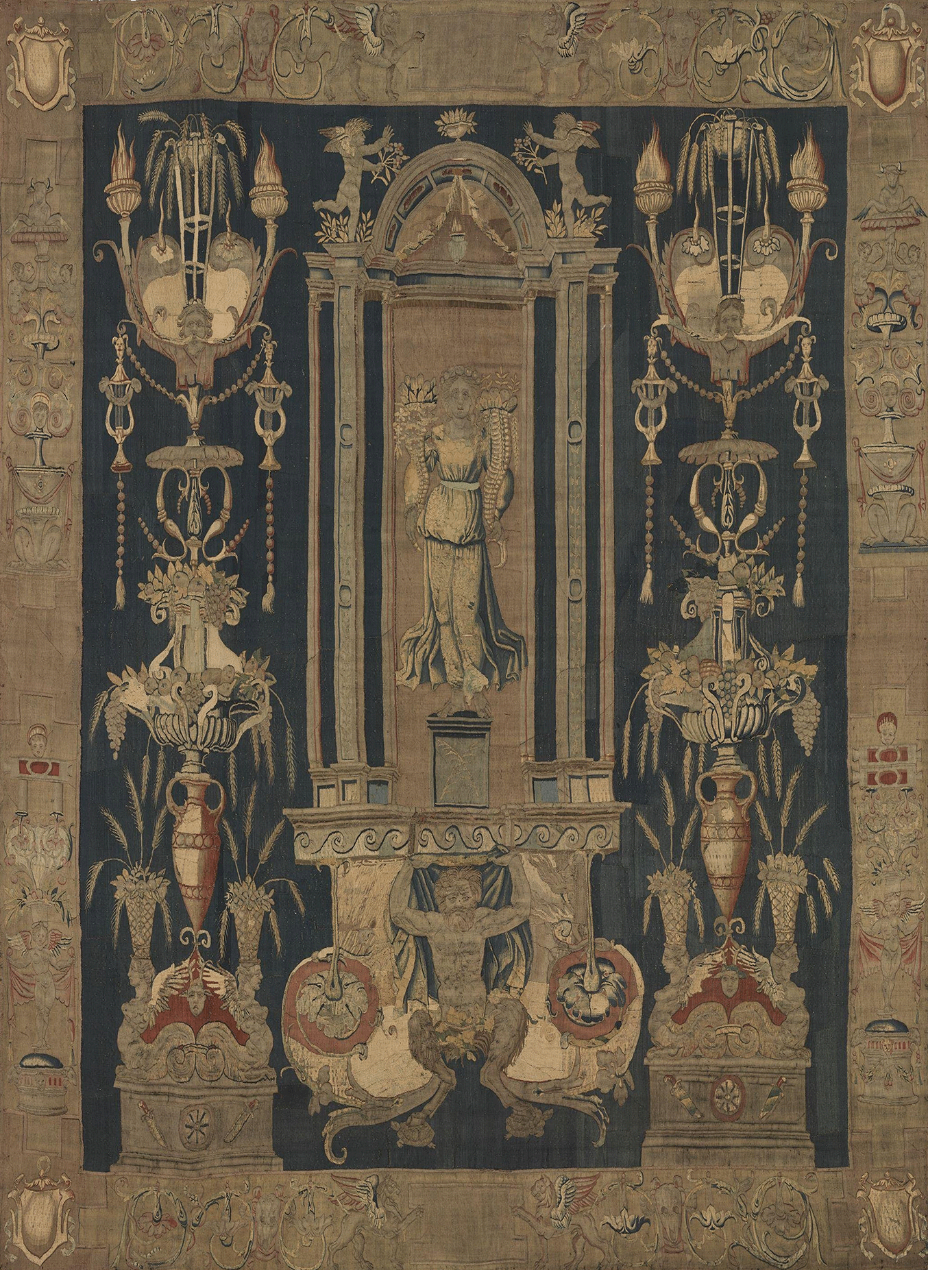 16th-Century Renaissance Grotesque Tapestry Reproduction - Classical Archway and Abundance Theme - Elegant Wall Art for Timeless Interior Decor RE516427