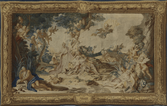 Armide 17th Century Tapestry Reproduction: A Baroque Masterpiece of Mythology, Romance, and Divine Figures in a Verdant Landscape RE518476