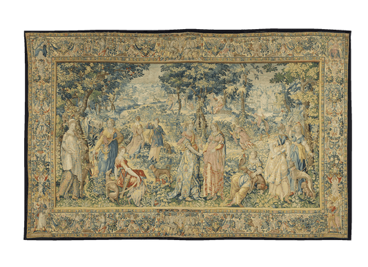 17th Century Tapestry Reproduction: An Exquisite Verdure Depicting a Noble Hunting Scene with Intricate Forest Detailing and Renaissance Figures RE529427