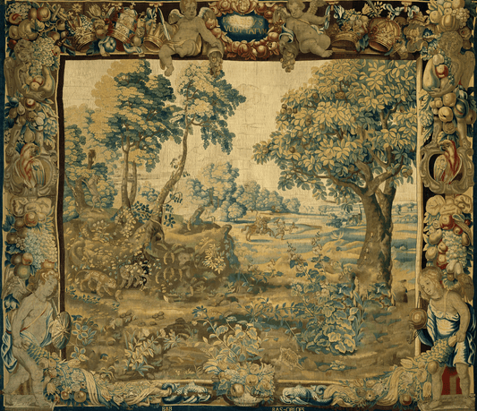 17th Century Flemish Verdure Tapestry Reproduction: Bucolic Woodland Scene with Exotic Animals, Lush Vegetation, and Intricate Baroque Borders Featuring Cherubs and Harvest Motifs RE534040