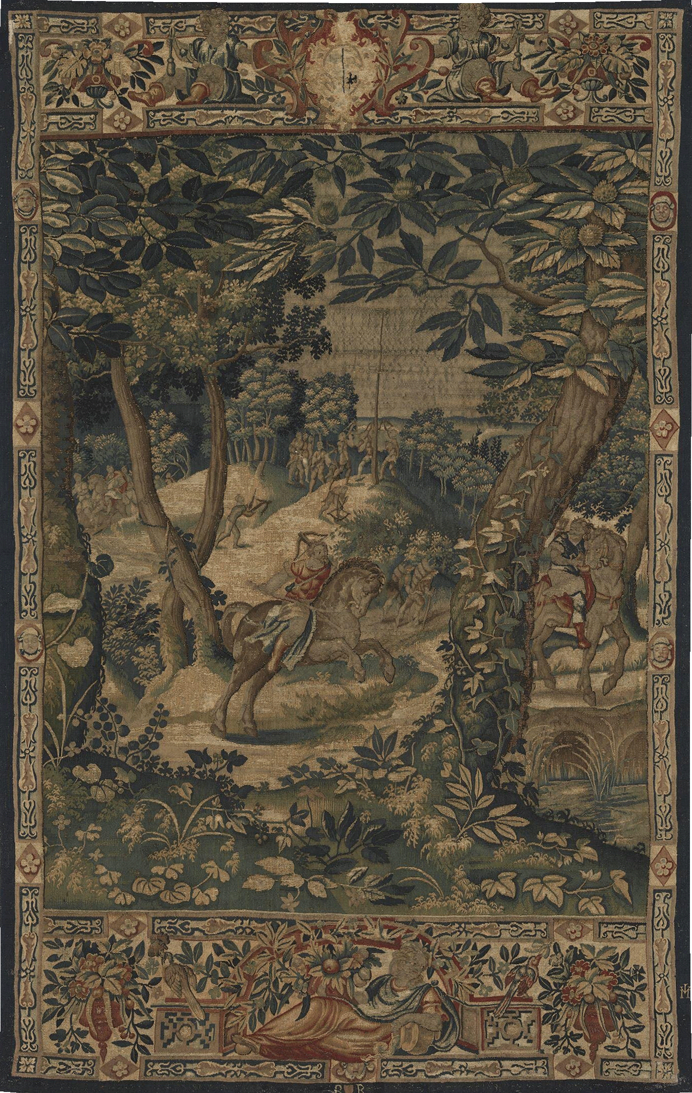 The Noble Hunt: Verdure Tapestry with Hunting Scene | Renaissance Wall Hanging | Majestic Forest Landscape Decor | Antique Flemish Style Reproduction RE538394