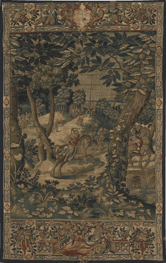 The Noble Hunt: Verdure Tapestry with Hunting Scene | Renaissance Wall Hanging | Majestic Forest Landscape Decor | Antique Flemish Style Reproduction RE538394