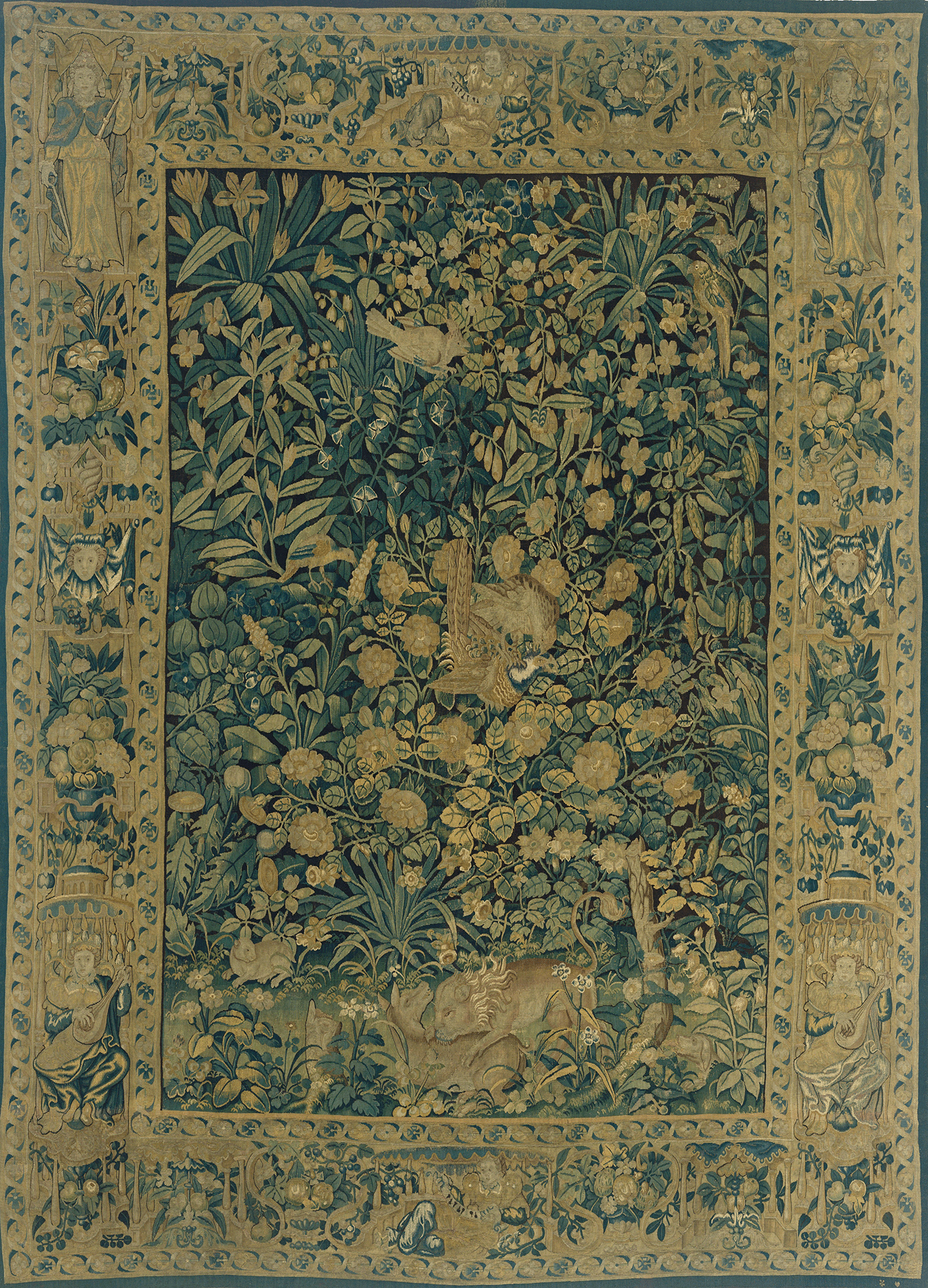 17th Century Verdant Majestic Tapestry Reproduction: A Botanical Masterpiece with Wild Creatures, Griffons, and Intricate Border Illustrations in a Lush Woodland Scene RE542152