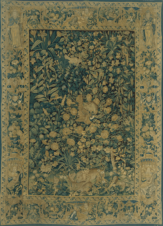 17th Century Verdant Majestic Tapestry Reproduction: A Botanical Masterpiece with Wild Creatures, Griffons, and Intricate Border Illustrations in a Lush Woodland Scene RE542152