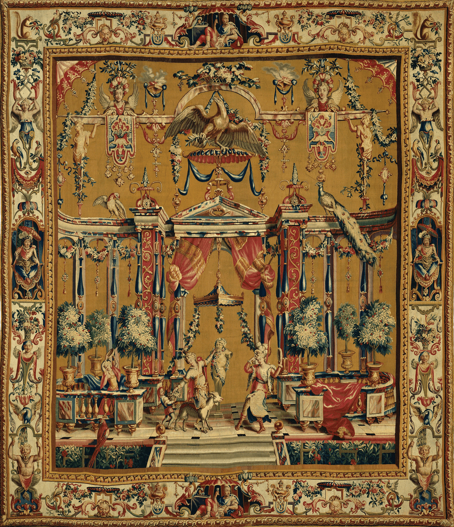 Regal 18th Century Tapestry Depicting a Lavish Courtyard Ceremony with Ornate Classical Columns and Mythological Figures RE542982