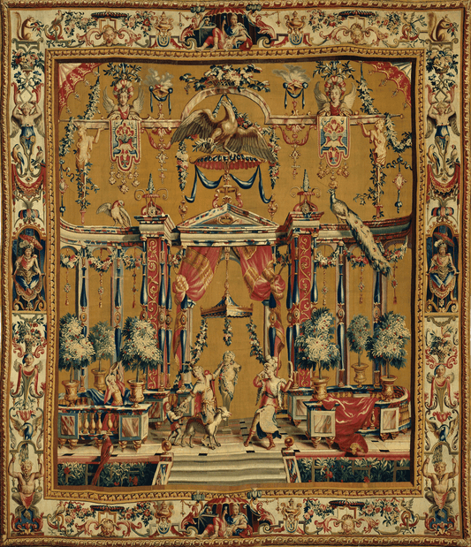 Regal 18th Century Tapestry Depicting a Lavish Courtyard Ceremony with Ornate Classical Columns and Mythological Figures RE542982