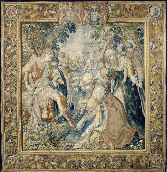 Grand Renaissance Tapestry: A Noble Meeting of Diplomacy and Majesty, Woven with Exquisite Detail and Rich Symbolism RE548036