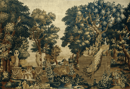 17th Century Verdure Tapestry Reproduction: An Idyllic Woodland Scene with Statues, Peacocks, and Elegant Fountains in a Lush Garden Landscape, Signed by Baert RE551273