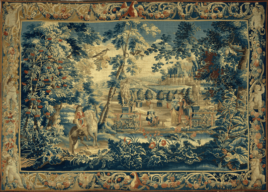 French Garden Scene Tapestry: 18th Century Pastoral Elegance Woven by Master Artisans in Brussels RE592027