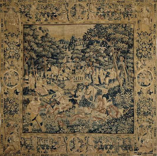 Medieval Hunt Tapestry: A Lush Scene of Noble Leisure, Aristocratic Elegance, and Timeless Grandeur RE634733