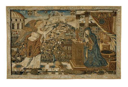 Renaissance Divine Revelation Tapestry: Exquisite Depiction of Angelic Visitation, Rich with Intricate Detail and Spiritual Beauty RE638053