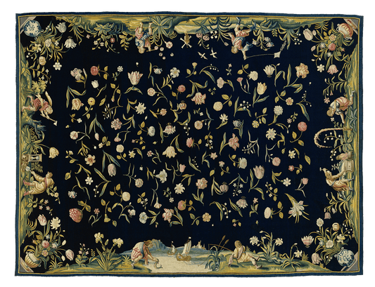 Enchanting Floral and Pastoral Fantasy: A 17th-Century Tapestry of Whimsical Figures and Blossoms on a Sumptuous Navy Canvas RE804629