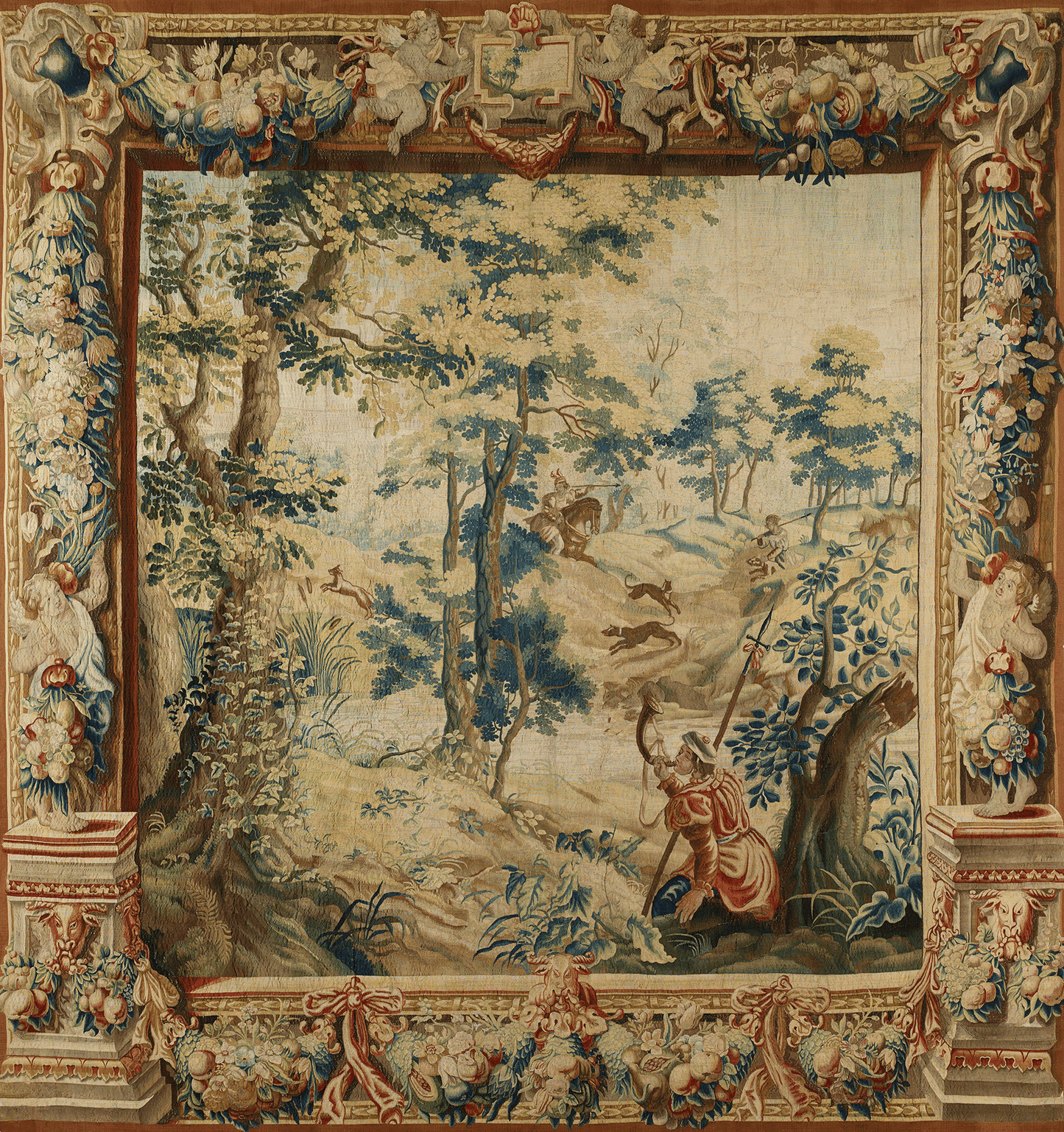 Grand Hunt Tapestry: Exquisite Woodland Scene with Mythological Borders – A Masterpiece of Renaissance Elegance and CraftsmanshipRE806621