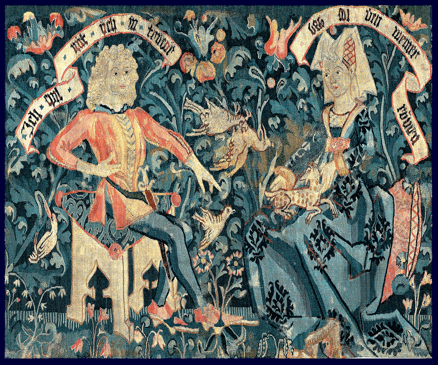 Medieval Courtship Tapestry Reproduction – A Timeless Celebration of Chivalry, Romance, and Nature's Flourishing Beauty RE881441