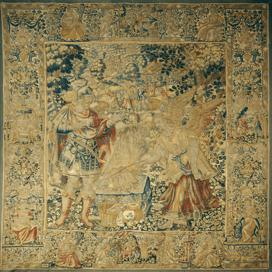 15th-Century Verdure Tapestry Reproduction - Knight and Angel Scene with Lush Foliage - Historic Medieval Wall Art for Elegant Interiors RE882970