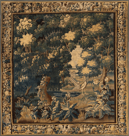 Woodland Sanctuary Tapestry: Majestic Heron, Lush Forest, and Ornate Classical Border RE892605