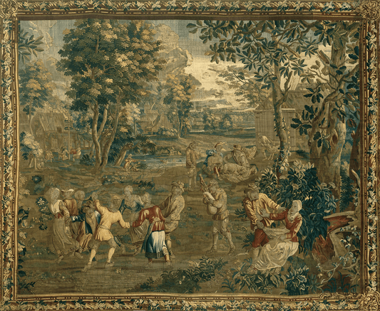 17th Century Flemish Village Dance Tapestry Reproduction: A Celebration of Rural Life with Musicians, Villagers, and Pastoral Charm in a Verdant Countryside Scene RE902688