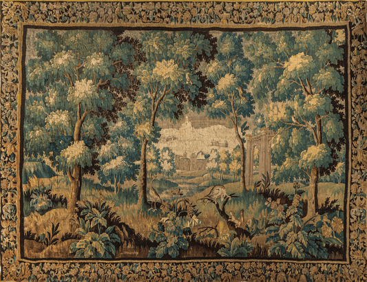 Elevate Your Home with the Timeless Beauty of a 17th-Century Oudenaarde Verdure Tapestry Reproduction– A Tranquil Woodland Scene with Architectural Splendor RE955554