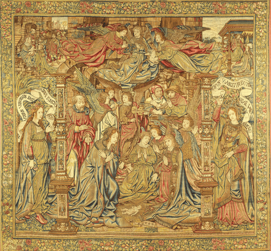 17th-Century Golden Medieval Masterpiece Tapestry: A Luxurious Nativity Scene With Majestic Angelic Detailing for Timeless Elegance RE998361