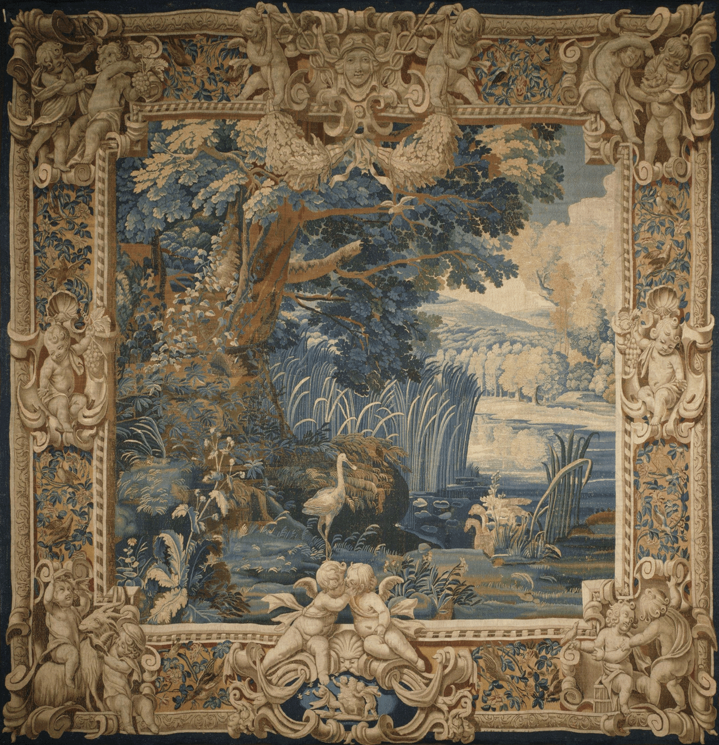 17th-Century Flemish Verdure Tapestry: Serene Landscape with Exotic Birds and Ornate Cherub Border - A Celebration of Nature and Artistic Mastery RE323860