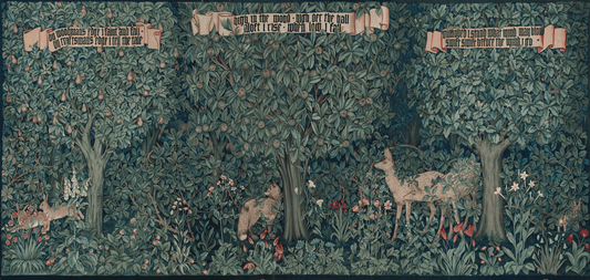 John Henry Dearle’s 1892 'Greenery' Tapestry for Morris & Co – Handcrafted Arts and Crafts Masterpiece with William Morris Verses and Lush Forest Scene RE548959