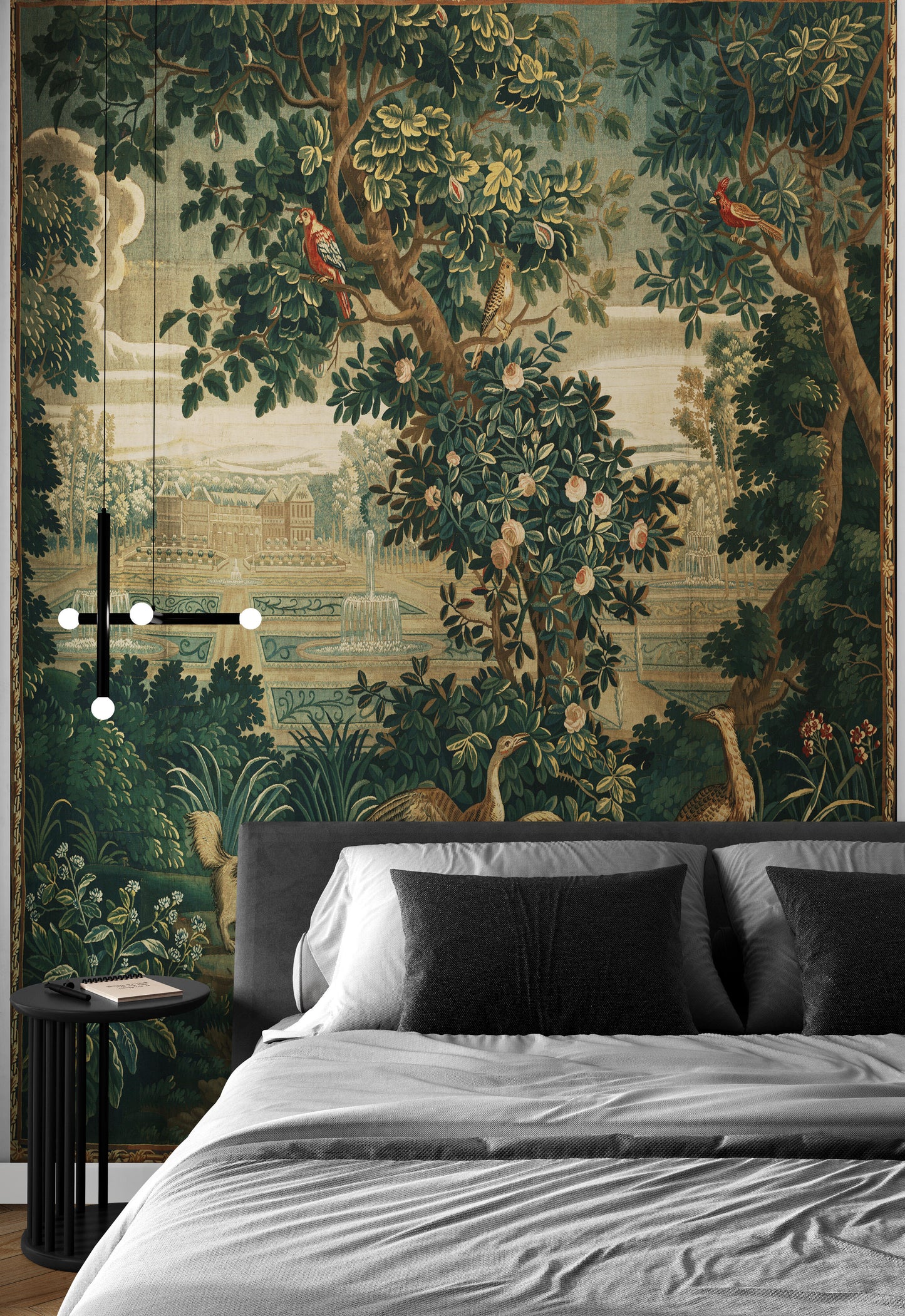 Verdure with Château and Garden: A Lush Wall Tapestry Fabric Print and Woven Option RE910029