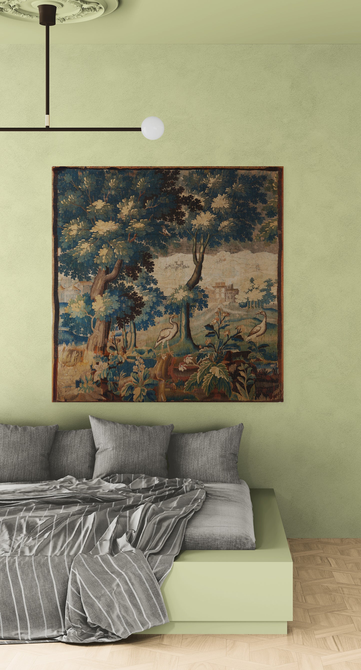 17th-Century Verdure Tapestry Reproduction – Pastoral Elegance with Cranes, Trees, and Idyllic Landscapes RE817251