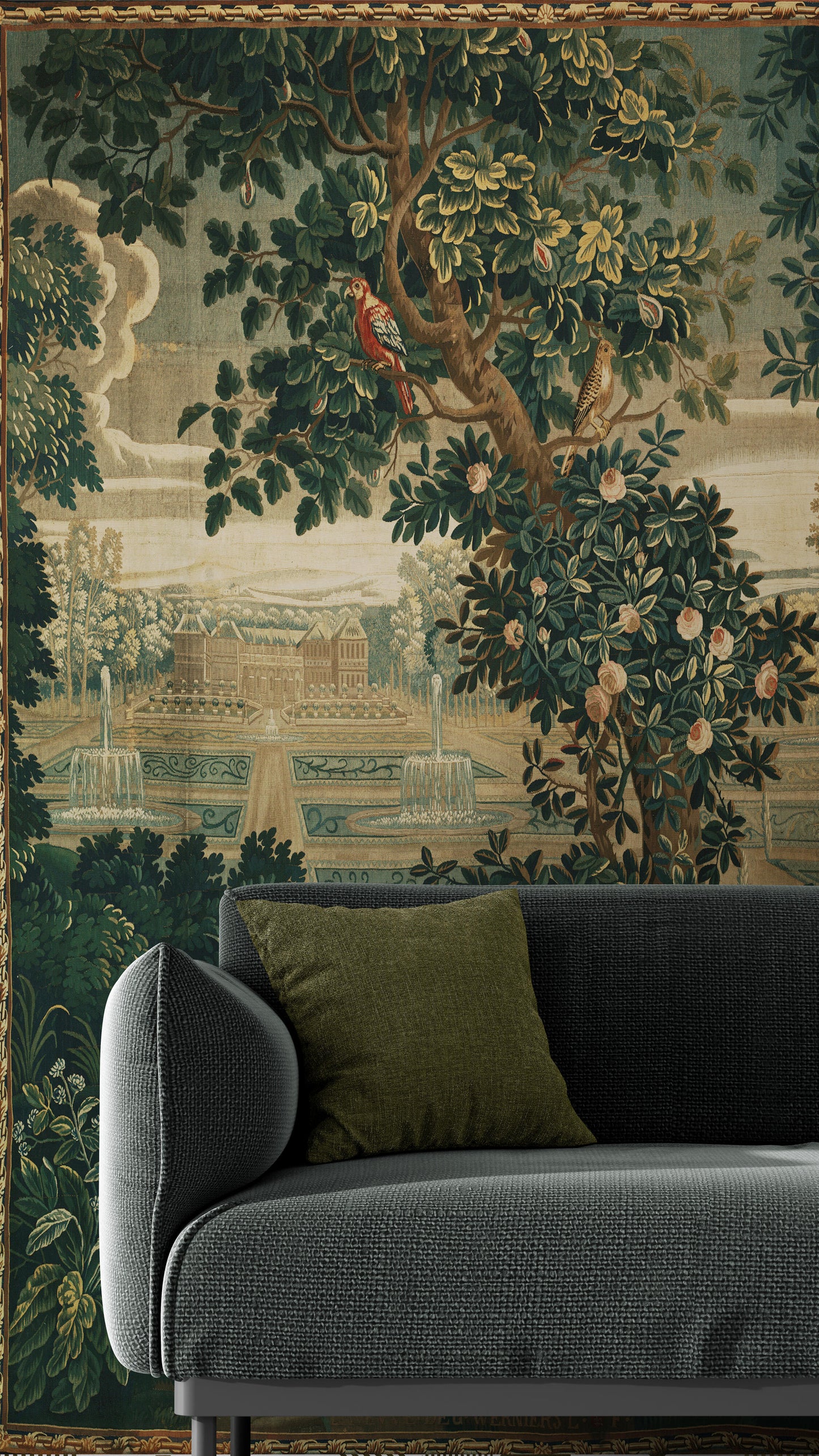 Verdure with Château and Garden: A Lush Wall Tapestry Fabric Print and Woven Option RE910029