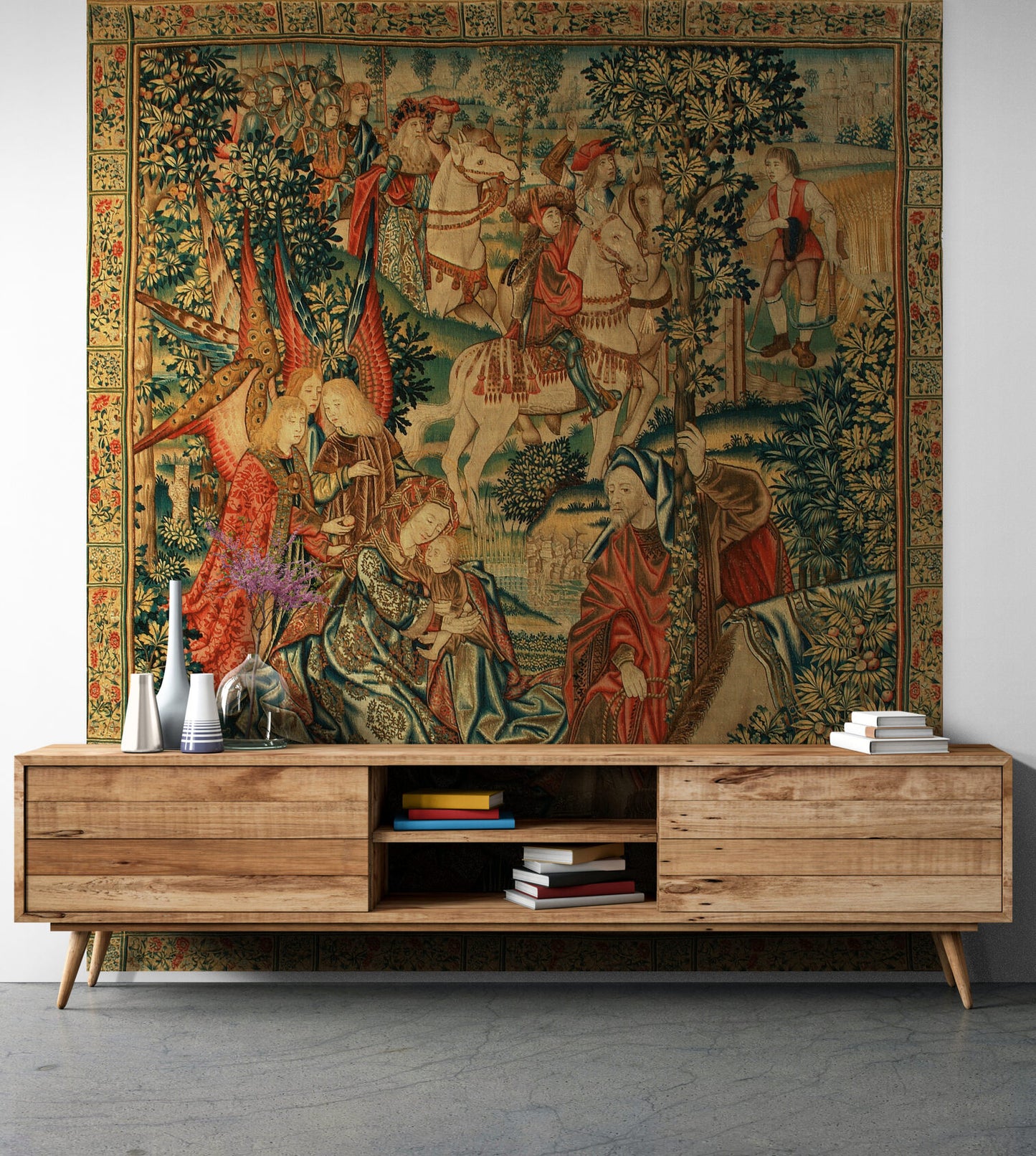 Classic 15th Century Flemish Tapestry Depicting The Flight into Egypt with Richly Detailed Biblical Scene and Ornamental Border RE167719