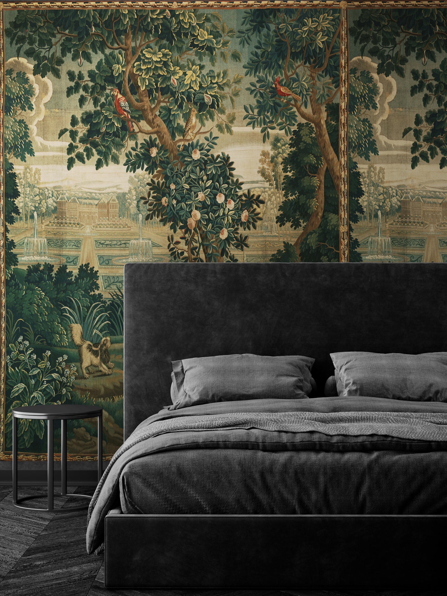 Verdure with Château and Garden: A Lush Wall Tapestry Fabric Print and Woven Option RE910029