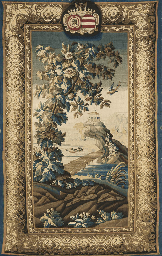 17th-Century Verdure Tapestry with River Scene and Noble Crest: A Masterpiece of Nature and Heraldry RE273445