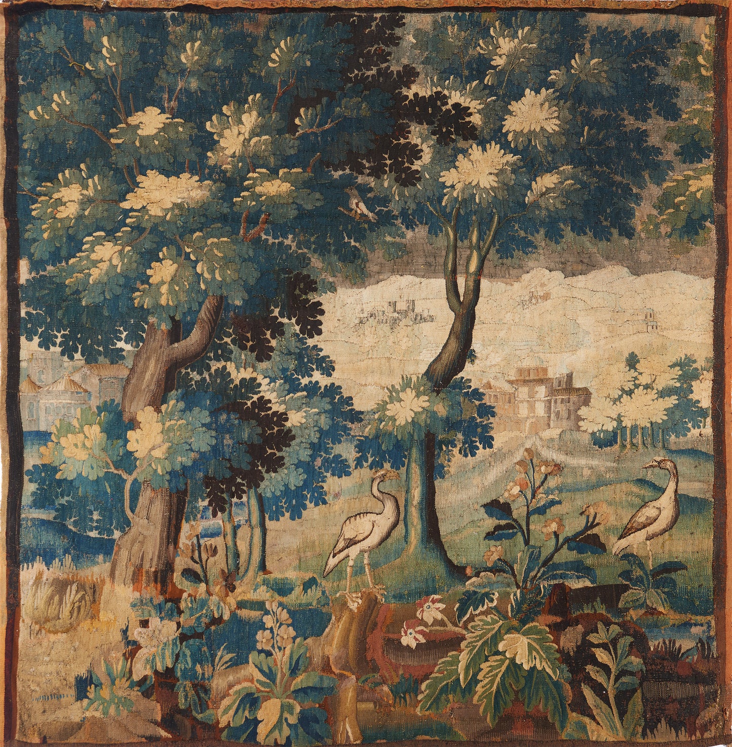 17th-Century Verdure Tapestry Reproduction – Pastoral Elegance with Cranes, Trees, and Idyllic Landscapes RE817251